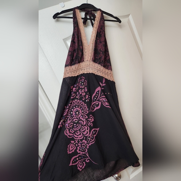 Pink Floral & Lace Halter Summer Sun Halter Dress Size M-L - Picture 2 of 5